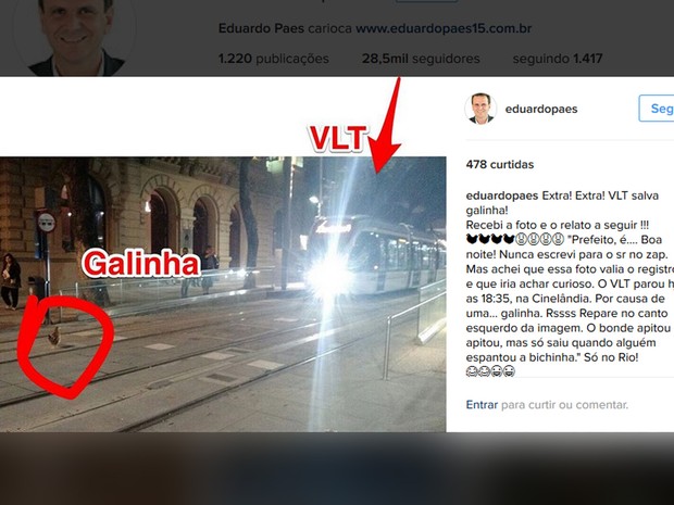 Paes ironizou uma galinha ter interrompido o trânsito do VLT na semana passada (Foto: Reprodução/ Instagram)