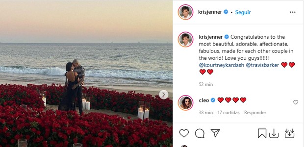 Kris Jenner apoia noivado de Kourtney Kardashian e Travis Barker (Foto: Reprodução/Instagram)