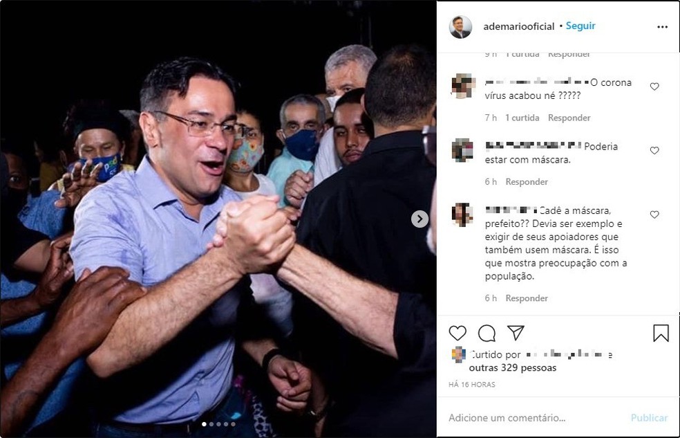 Internautas criticam postura de prefeito e candidato à reeleição que deixou de usar máscara durante comício em Cubatão — Foto: Reprodução