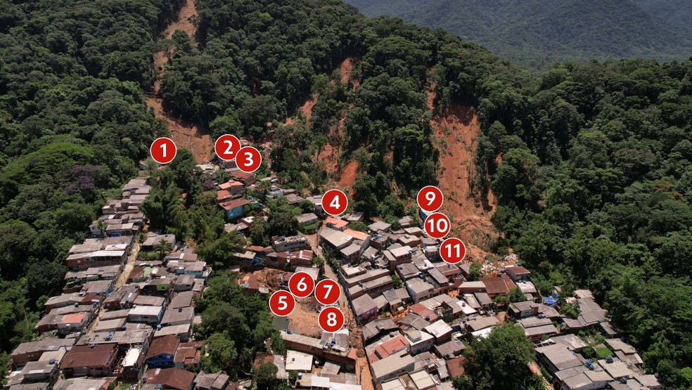 Mapa aponta ruas varridas pela lama na Vila Sahy e onde moradores foram soterrados — Foto: Amanda Perobelli/Reuters; arte g1