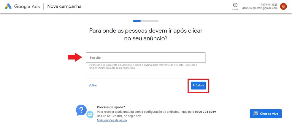 O site inserido nessa etapa será para onde os usuários vão ser redirecionados ao clicar no seu anúncio — Foto: Reprodução/Gabrielle Garcia