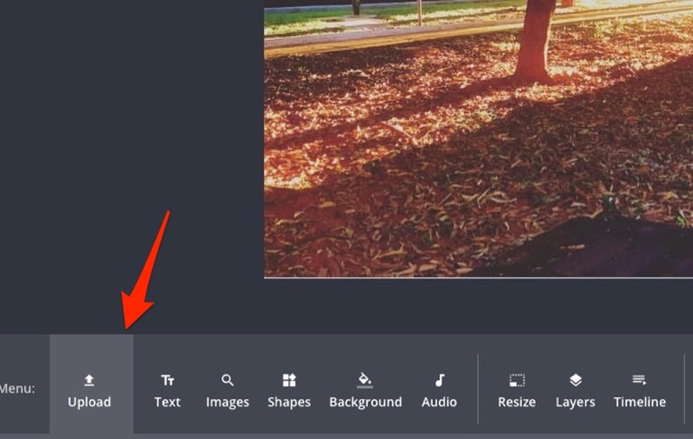 Ação para abrir a janela de upload para uma nova cena de slideshow criada com o serviço online Kapwing — Foto: Reprodução/Marvin Costa
