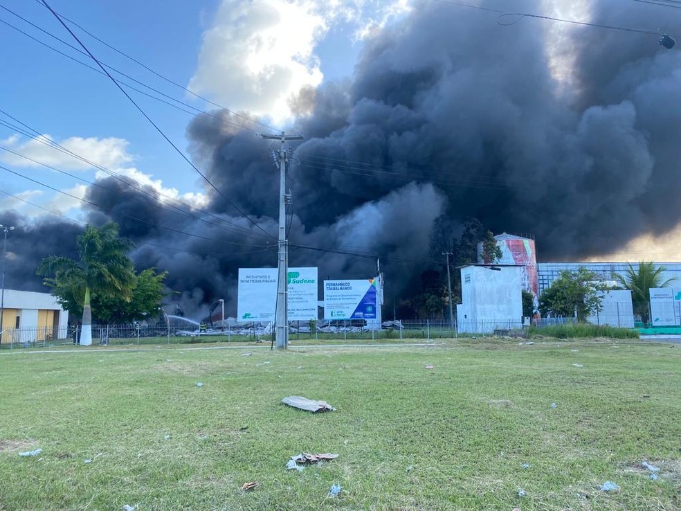 Incêndio atingiu fábrica de plásticos no distrito industrial de Suape, no Grande Recife — Foto: Danilo César/TV Globo