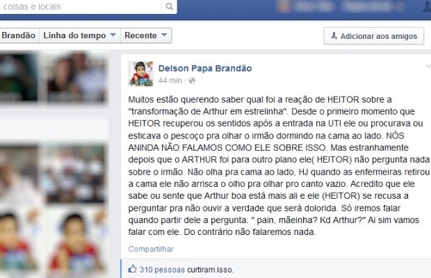 Pai diz que siâmes sobrevivente ainda não perguntou de irmão após morte em GoIânia, Goiás (Foto: Reprodução/Facebook)
