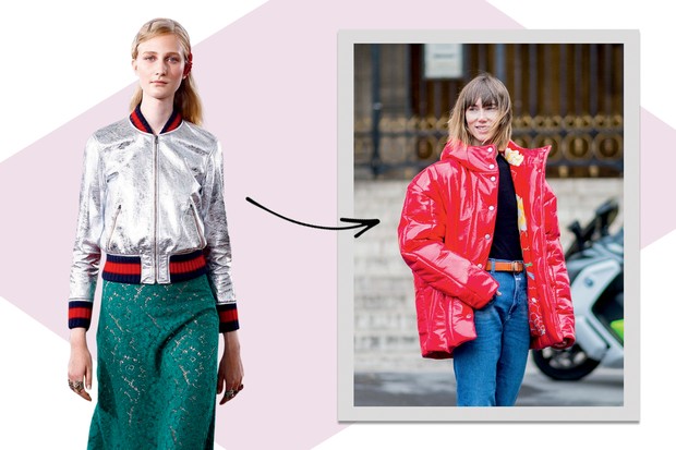 À esquerda, Gucci Resort 2016. Ao lado, haute street: Anya Ziourova veste casaco hit da A.W.A.K.E. (Foto: Zee Nunes/Arquivo Vogue, Getty Images, Imaxtree e Divulgação)