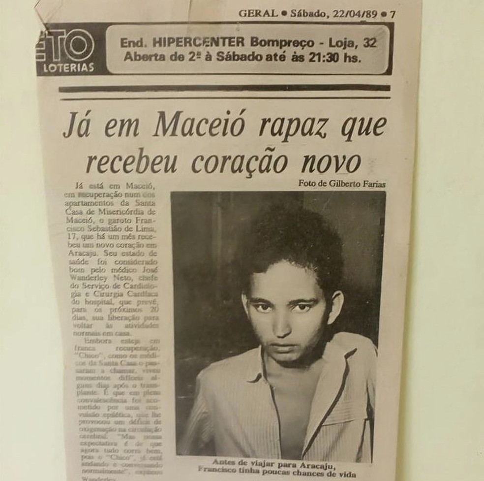 Jornal de março de 1989 trouxe matéria sobre o primeiro transplante de coração do Nordeste, do alagoano Francisco Sebastião de Lima — Foto: Arquivo pessoal