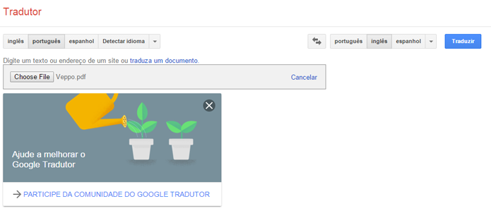 Site do Google permite carregar e traduzir arquivos em PDF (Foto: Reprodução/Google)
