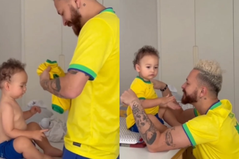 Fred veste camisa da Seleção Brasileira em seu filho, Cris