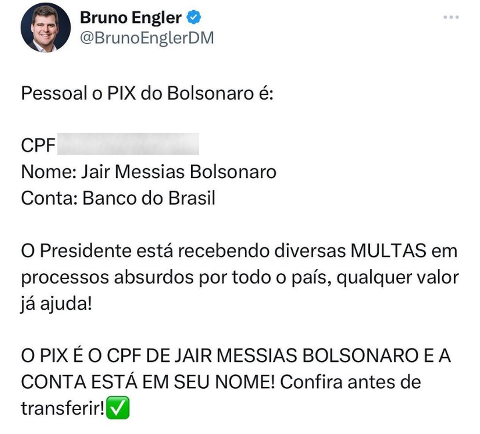 O deputado estadual Bruno Engler (PL-MG) começou a divulgar a chave Pix de Bolsonaro  — Foto: Reprodução