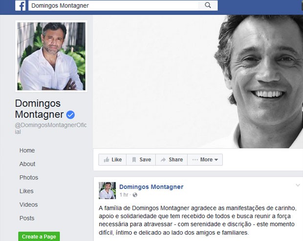 Perfil de Domingos Montagner no Facebook tem mensagem da família do ator (Foto: Reprodução/Facebook do artista)