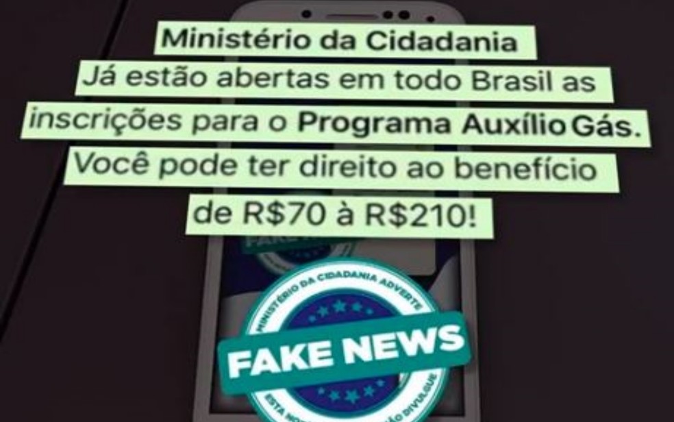 Golpistas se passam por agentes do Ministério da Cidadania ao enviar mensagem sobre Programa do Auxílio Gás para coletar dados pessoais das vítimas. — Foto: Reprodução/TV Anhanguera