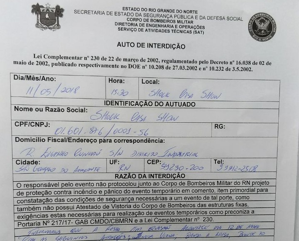 Relatório do Corpo de Bombeiros do RN informava sobre irregularidades em festa que o governador mandou autorizar (Foto: Cedida)