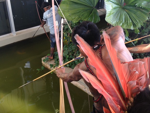 Índios tentam capturar carpas no espelho d'água do Ministério da Justiça (Foto: Isaura Borba / G1)