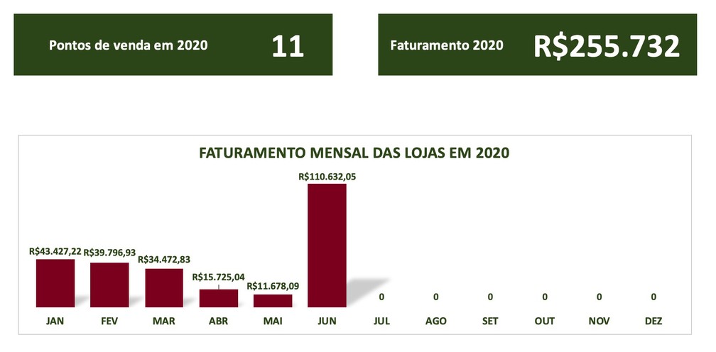 Faturamento mensal do Fluminense com vendas nas lojas oficiais em 2020: vendas se multiplicaram em junho � Foto: Reprodu��o