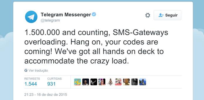 Telegram Messenger publicou no Twitter que enfrenta problemas técnicos após bloqueio do WhatsApp (Foto: Reprodução/Elson de Souza)