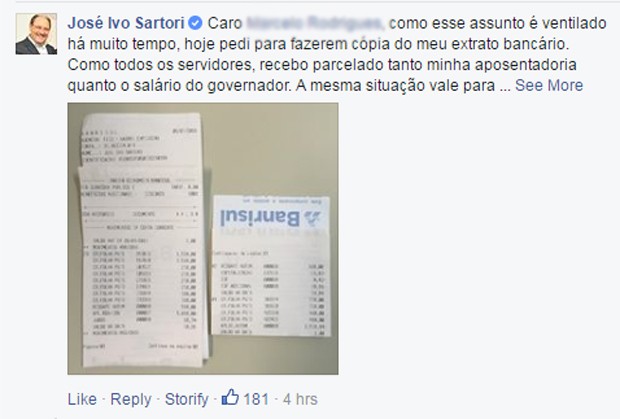 Governador queria para provar que também está recebendo salários parcelados (Foto: Reprodução/Facebook)