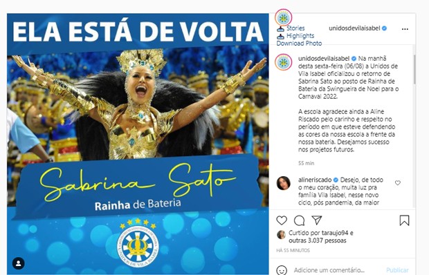 Anúncio da Unidos de Vila Isabel sobre retorno de Sabrina Sato (Foto: Reprodução/Instagram)