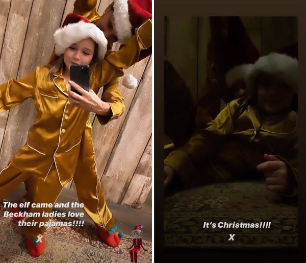 Victoria Beckham e sua filha Harper, 8 anos, usando pijamas dourados na noite de Natal (Foto: Instagram)