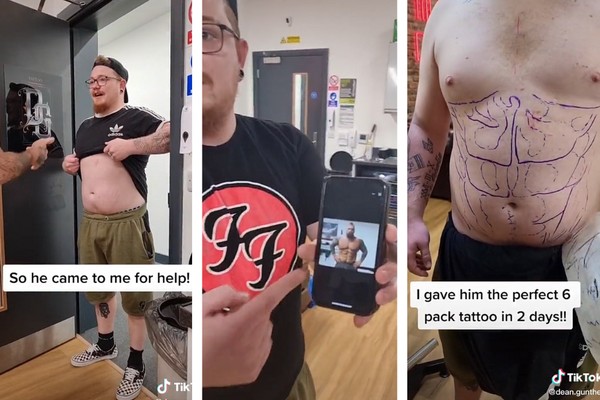 Tatuador influencer viraliza ao mostrar cliente que cansou da academia e tatuou tanquinho  (Foto: Reprodução/TikTok)