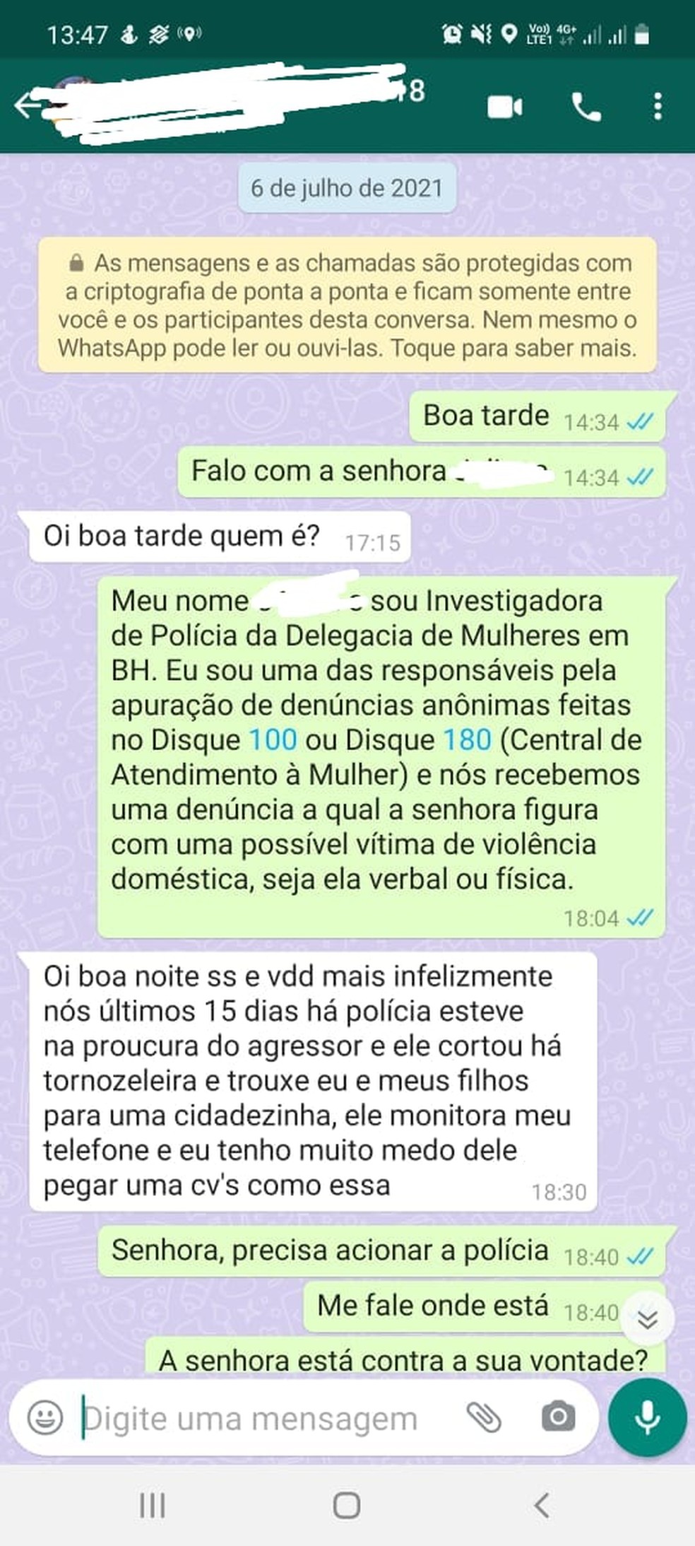 Imagem da conversa entre a vítima mantida em cárcere privado em Pompéu e a policial civil — Foto: Polícia Civil de MG/ Divulgação