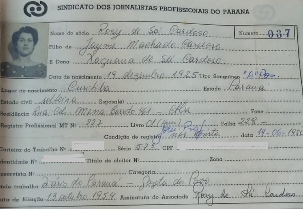 Rosy de Sá Cardoso foi a primeira mulher com registro profissional de jornalista no Paraná — Foto: Divulgação/Sindijor-PR