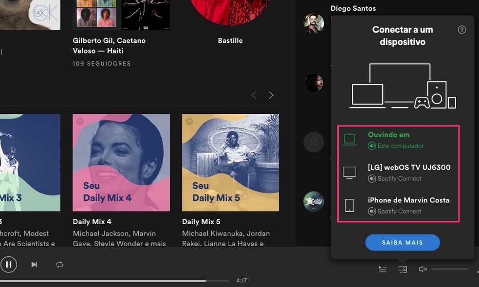 Tela com os dispositivos disponíveis para uso no Spotify Connect — Foto: Reprodução/Marvin Costa