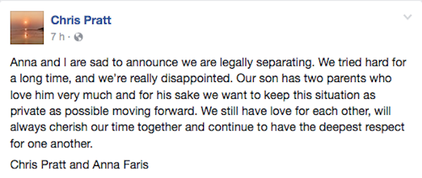 O anúncio do término do casamento de Chris Pratt e Anna Faris, feita pelo ator Facebook (Foto: Facebook)