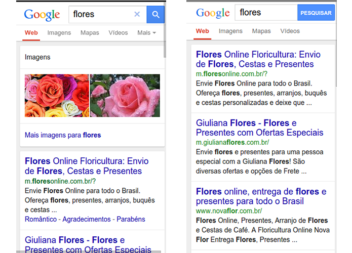 Smartphones com conexão lenta irão mostrar resultados mais simples (direita) (Foto: Divulgação/Google)