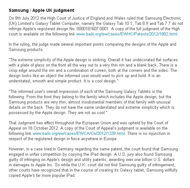 Comunicado no site da Apple diz que a Samsung não copiou design do iPad (Foto: Reprodução)