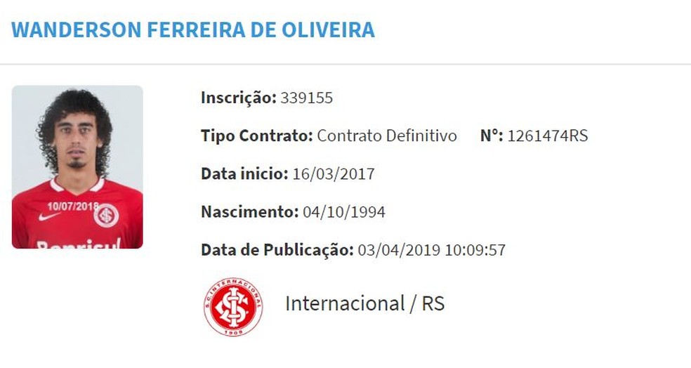 Valdívia foi reinscrito no BID como jogador do Inter  — Foto: Reprodução 