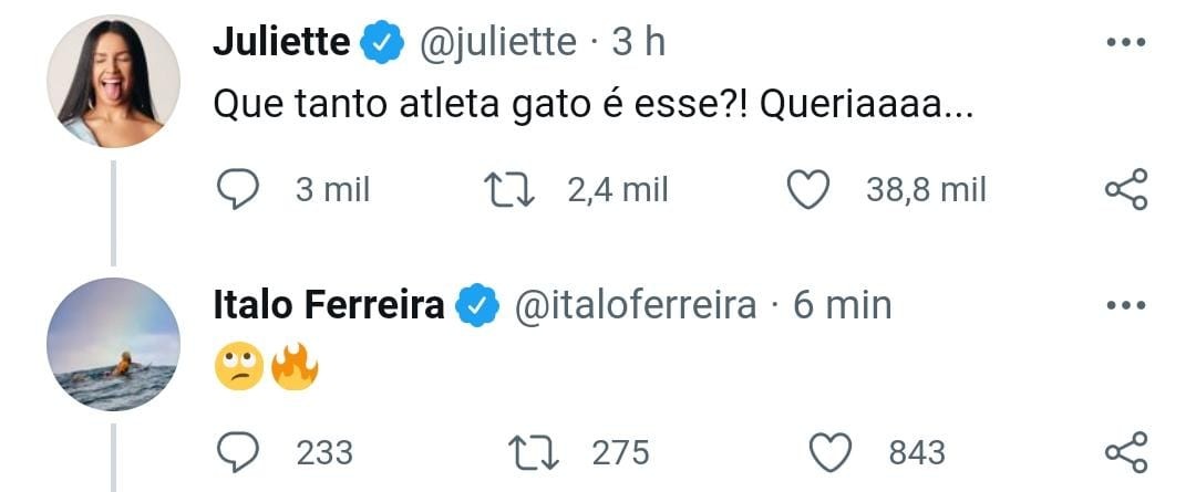 Surfista olímpico Ítalo Ferreira e Juliette trocam mensagens no Twitter (Foto: Reprodução/Twitter)