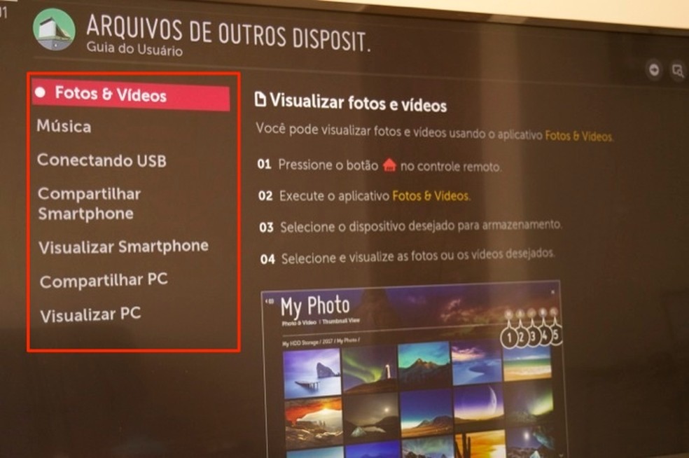 Dicas sobre como acessar arquivos de dispositivos conectados em uma smart TV da LG — Foto: Reprodução/Marvin Costa