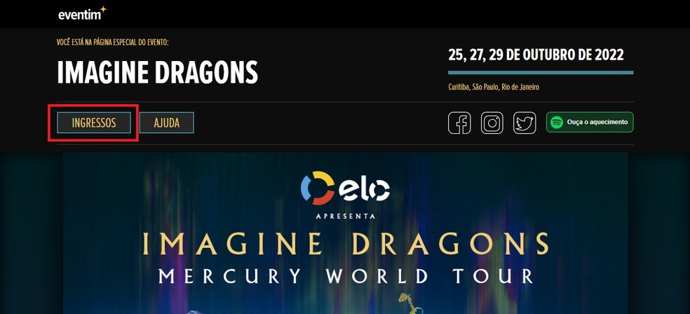 P&aacute;gina especial dos shows do Imagine Dragons no Brasil em 2022 no site da Eventim &mdash; Foto: Reprodu&ccedil;&atilde;o/Gabrielle Garcia