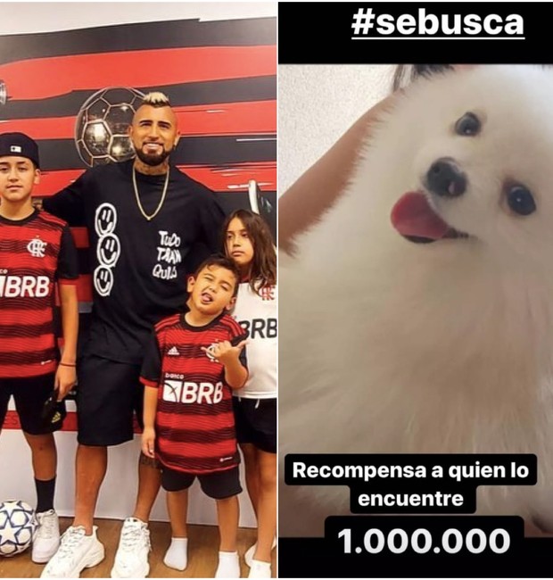 Arturo Vidal ao lado dos filhos e o cachorro perdido (Foto: Reprodução / Instagram)