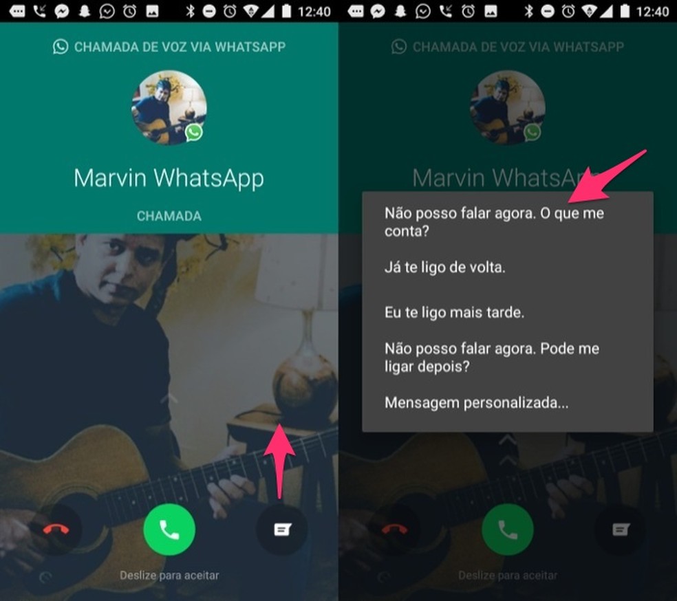 Acão para enviar respostas automáticas para ligações no WhatsApp para Android (Foto: Reprodução/Marvin Costa)