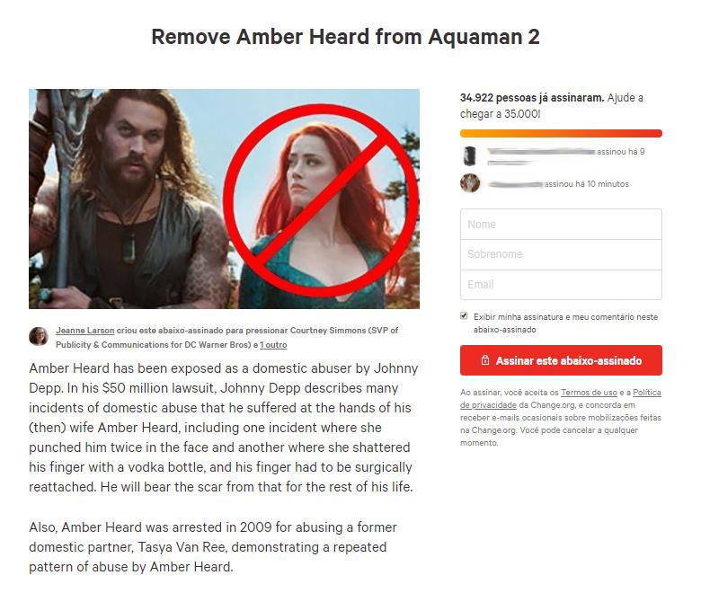 Abaixo Assinado criado por fãs para que Amber Heard seja demitida de Aquaman 2 (Foto: Reprodução)