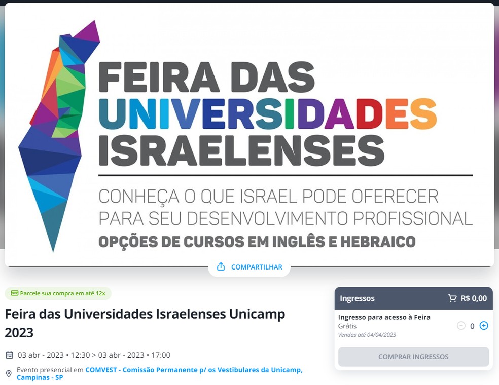 Evento que reúne universidades israelenses foi divulgado na internet — Foto: Reprodução/Sympla