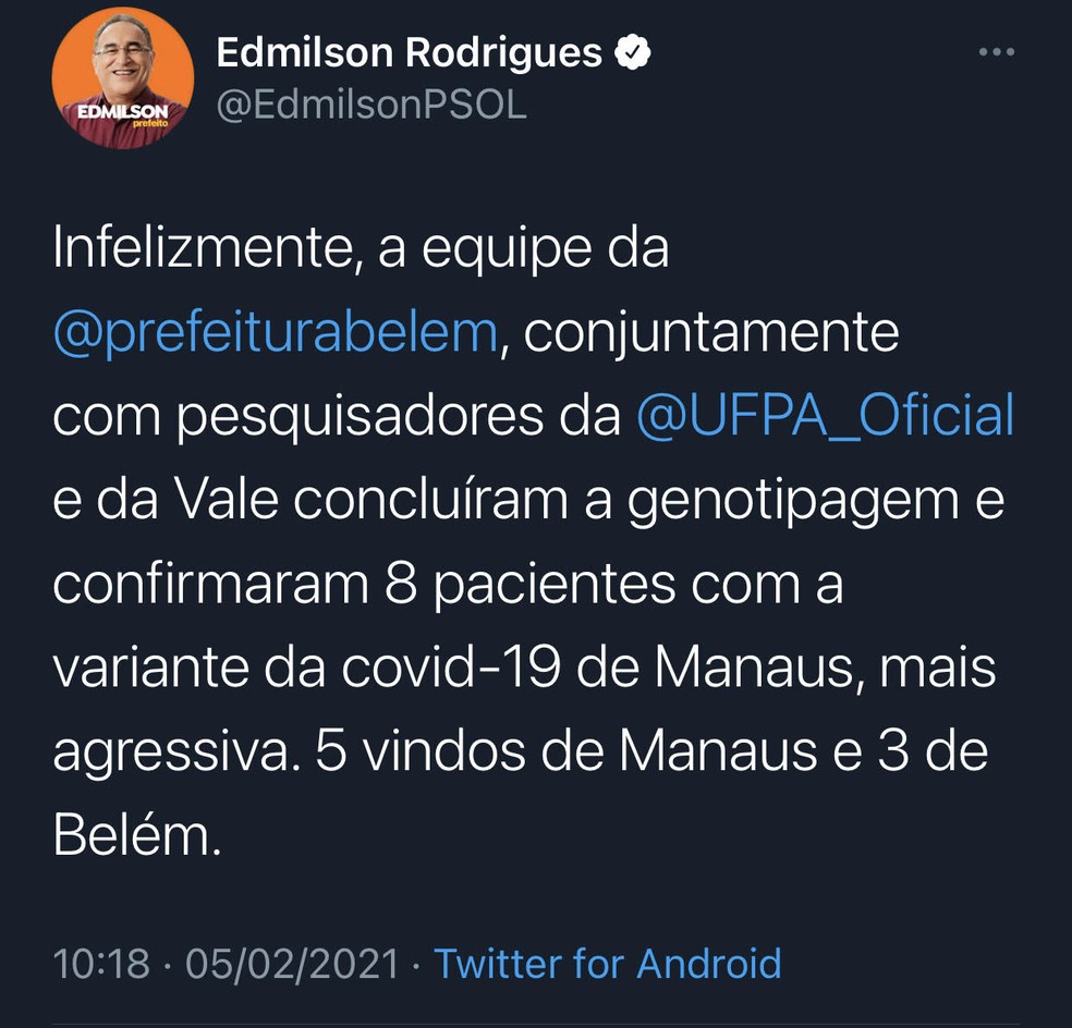 Prefeito de Belém, Edmilson Rodrigues, confirma oito casos da nova variante do coronavírus na capital — Foto: Reprodução/Redes Sociais