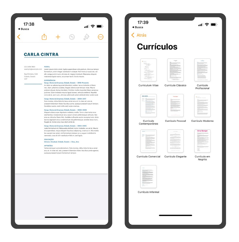 Telas do aplicativo Pages mostram diferentes modelos de currículo disponíveis para o usuário. — Foto: Reprodução