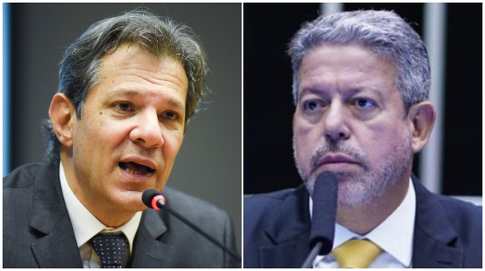 Ministro da Fazenda, Fernando Haddad, e o presidente da Câmara, Arthur Lira.  — Foto: TON MOLINA/FOTOARENA/FOTOARENA/ESTADÃO CONTEÚDO; Pablo Valadares/Câmara dos Deputados