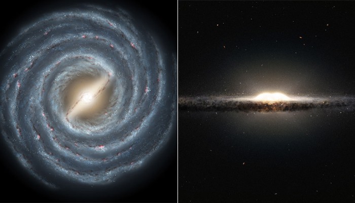 À esquerda, a Via Láctea aparece vista de cima. No centro do disco, há uma estrutura em forma de barra com 13 mil anos-luz de diâmetro, formada principalmente por estrelas. À direita, nossa galáxia é vista no plano do disco. Ao redor da Via Láctea, vê-se o halo, que hospeda 150 aglomerados globulares, cada um deles com mais de 100 mil estrelas.  (Foto: NASA JPL (esq.)/ESO/NASA/JPL-Caltech/M. Kornmesser/R. Hurt (dir.))