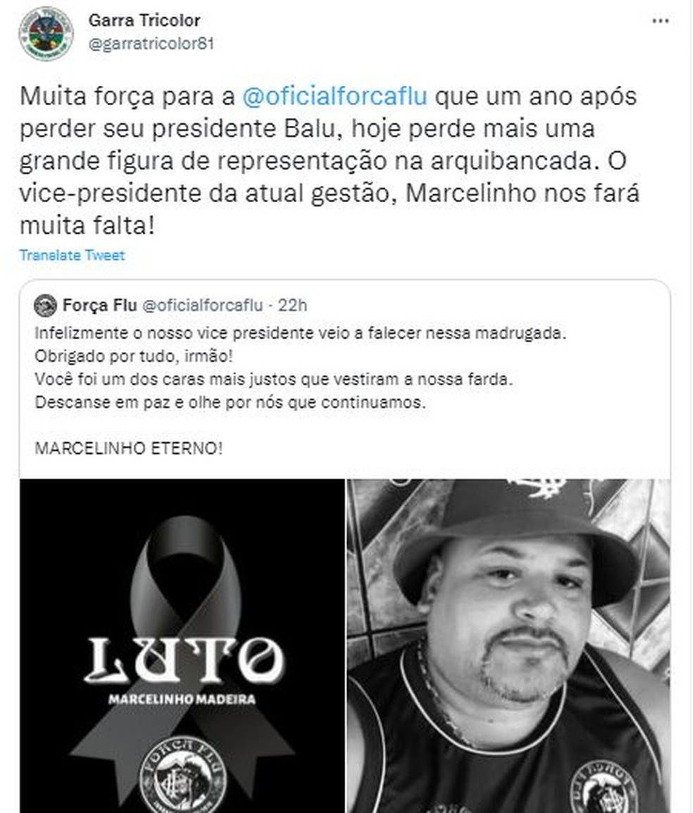 Torcidas organizadas se solidarizam com a partida do vice-presidente da Força Flu — Foto: Redes sociais