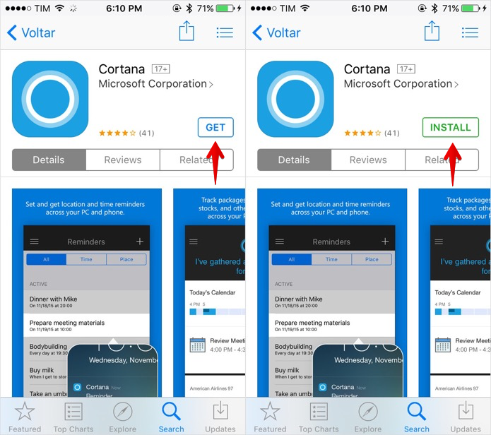 Instalando o app da Cortana no iPhone (Foto: Reprodução/Helito Bijora) 