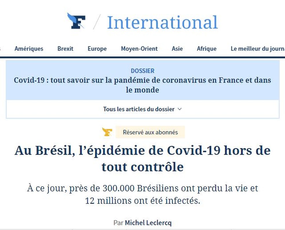'No Brasil, a epidemia de Covid-19 está fora de qualquer controle'; título da reportagem do jornal francês 'Le Figaro' publicada em 24/3 sobre a pandemia no Brasil — Foto: Reprodução/Le Figaro