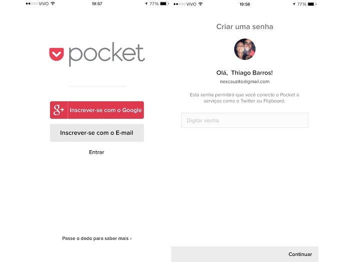Pocket permite login com conta do Google (Foto: Reprodu??o/Thiago Barros)
