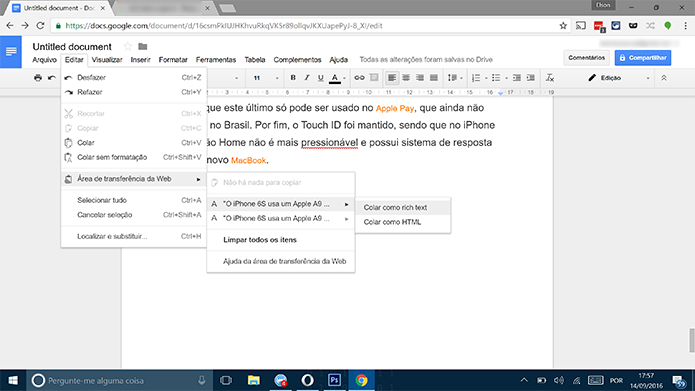 Web Clipboard do Google Docs pode ser usado para agilizar a digitação de texto (Foto: Reprodução/Elson de Souza)
