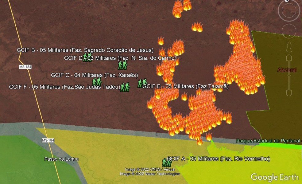 Locais com focos de queimadas. — Foto: Reprodução/CorpodeBombeiros