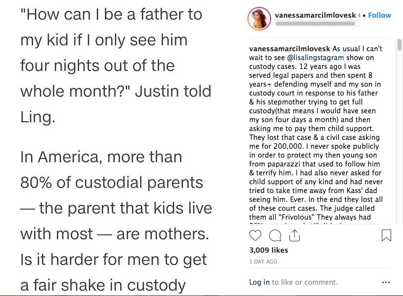 O post no qual a atriz Vanessa Marcel expõe o afastamento entre seu filho e o pai, o ator Brian Austin Green (Foto: Instagram)