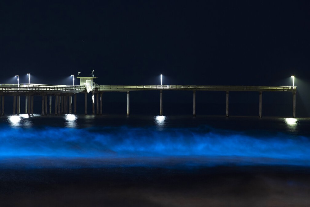 Ondas brilham com bioluminescência azul de algas nas águas do Oceano Pacífico em frente a um píer fechado na cidade de San Diego, na Califórnia, após medidas de isolamento por conta do novo coronavírus — Foto: Gregory Bull/AP