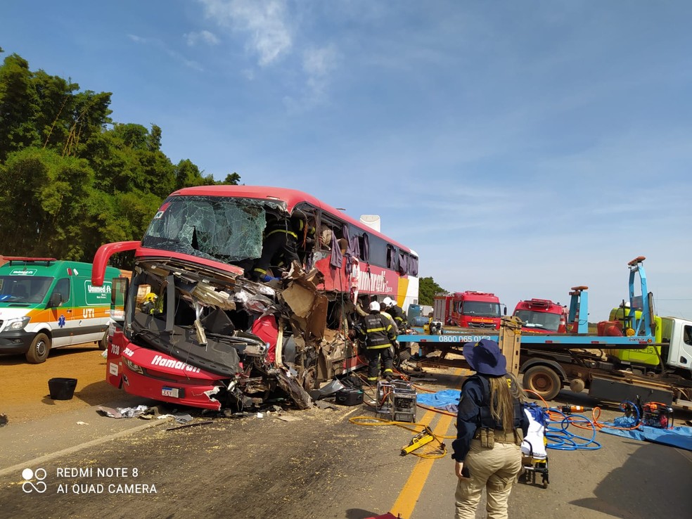 Acidente grave entre ônibus e carreta deixa 11 mortos na BR-163 em MT — Foto: PRF